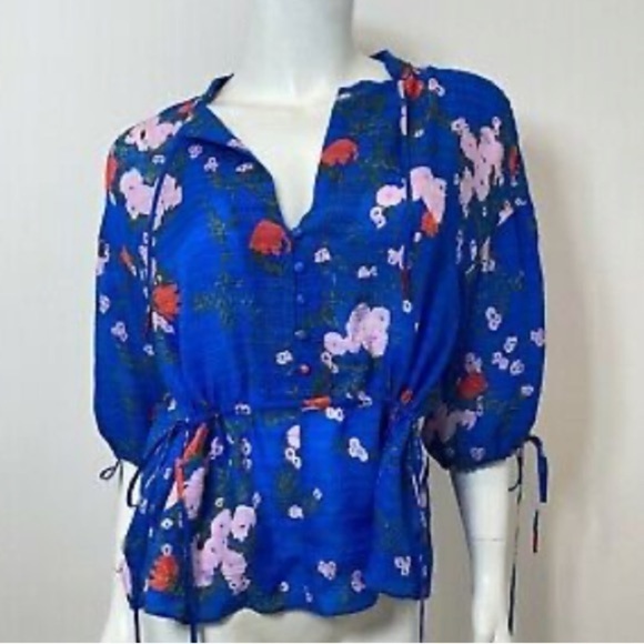 Tanya Taylor Silk Falling Floral Top Blouse Azure Blue NWOT - Picture 9 of 10